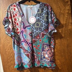 NWT Umgee Multi colored Graphic Ruffled Blouse size S fits like L